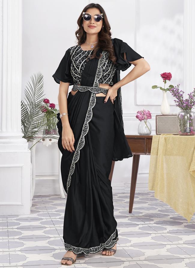 Shimmer Georgette Black Party Wear Embroidery Work Ready To Wear Saree